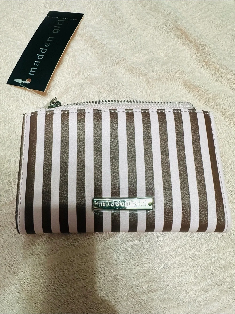 NWT Madden Girl Viral Pink & Brown Striped Dachshund Bifold Wallet